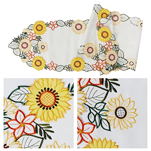 Owenie Embroidered Sunflowers Table Runner,Spring Fabric Table Runners 70 Inch Long With Yellow Sunflower And Green Leaves, Farmhouse Harverst Dresser Scarf For Table Decoration, 13 X 70 Inch #TOP4