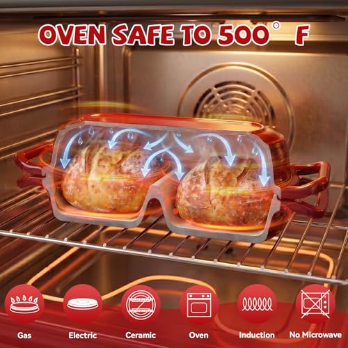 Image of Double Dutch Oven Pot with Lid, 2.2QT Enameled Cast Iron Bread Loaf Pan, Mini Dutch Oven For Sourdough Bread Baking, 500F Oven Safe Non Stick Dual Round Bread Pan, Bread Oven, 16.5cm Diameter, Red