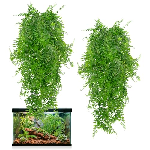 RAINFLOW 2PCS Reptile Plants for Terrarium - Fake Hanging Terrarium Plants Artificial Boston Fern for Bearded Dragon Snake Geckos Hermit Crab Lizard Chameleon Turtle Reptile Decor(L31.5)