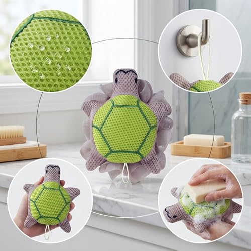 Image of Luxe Home International Bath Sponge For Kids And Adult Microfibre Soft Shower Loofah Turtle Pattern Gentle Skin Exfoliating Body Scrubber For Toddler Green 15x17cm Pack Of 1