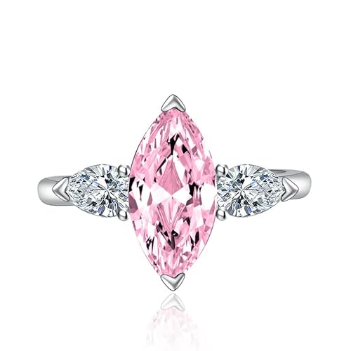 FLYYQMIAO Fashion Marquise Cut Cubic Zirconia Simulated Diamond Moissanite 3 Stone Engagement Rings for Women Round Cut 925 Sterling Silver Anniversary Wedding Promise Open Adjustable Ring(Pink)