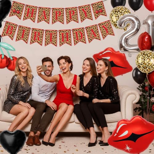 Image of Red Cheetah Birthday Decorations, Banner with Foil Balloons | Quick and Easy Setup, Can Float, for Bachelorette Party Decor, Kiss the Miss Goodbye, Women's Birthday