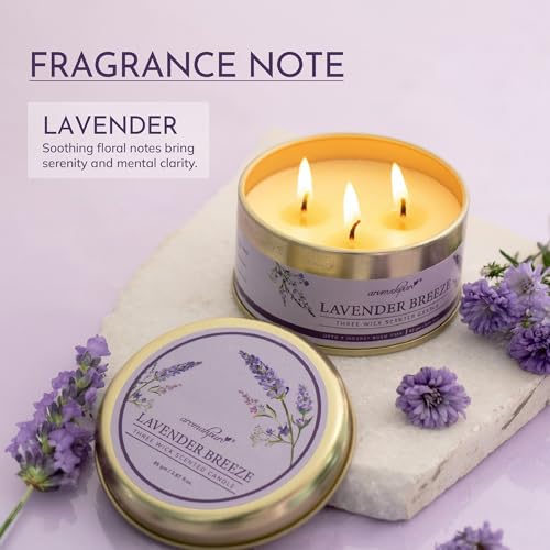 Image of Aromahpure Lavender 3 Wick Candle in Container with Lid | 85g | Burn Time 7 Hours | Scented Candle | Relaxing Aromatherapy Candles for Home Decor, Gifting, Bedroom & Spa