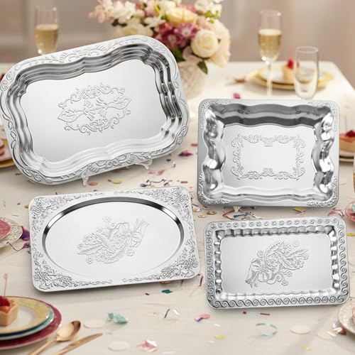 Rtteri 4 Pack Silver Serving Trays Set Stainless Steel Floral