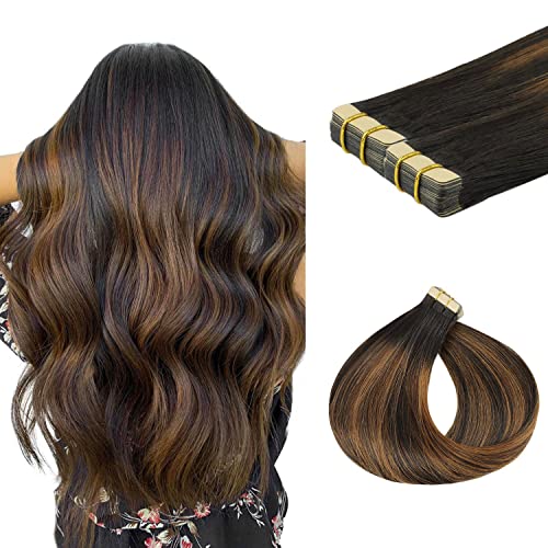 Tape in Hair Extensions Human Hair, 16 inch Natural Black Mixed Chestnut Brown Tape in Human Hair Extensions Lashey Straight Remy Hair Extensions Tape in 20pcs 50g