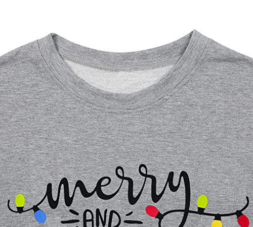 Christmas Sweatshirt Women Merry And Bright Christmas T-Shirt Funny Xmas Lights Blouse Tops Holiday Shirts (Grey, X-Large) #TOP3