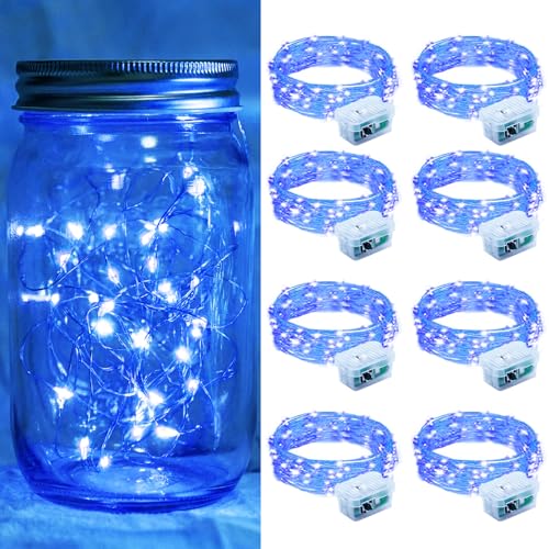 chzk 8 Pack Blue Fairy Lights 7Ft 20 LED Twinkle String Lights 3 Modes Battery Operated Waterproof Firefly Starry for Mason Jar Wedding Party 4th of July Christmas Day Table Centerpieces