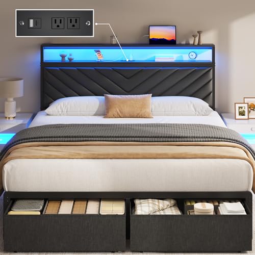 Image of Fluest Queen Bed Frame with 2 Drawers, Upholstered Headboard with Storage and Charging Station, LED Lights, Fabric Drawers with Wheels, Under Bed Storage, No Box Spring Needed, Easy Assembly, Black