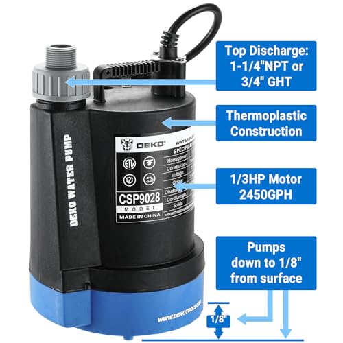 Dekopro B09ZV2364K Submersible Water Pump 1/3 Hp 2450Gph Utility Pump Thermoplastic Electric Portable Transfer Water Pump With 10-Foot Cord For Pool Tub Garden Pond Draining thumb #2