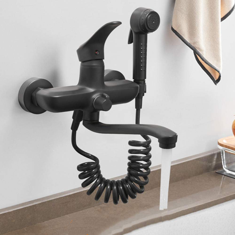 XANAYXWJ Grifos de Cocina montados en la Pared Grifo Mezclador para Fregadero de Cocina Giratorio de latón con Doble Orificio, frío y Caliente, Negro, con Pistola rociadora, Grifo de baño-25 cm (20