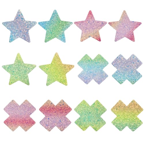 Cache Tetons Femme Sexy, 12PCS Brillant Mamelon Autocollant Croix d'étoile Crème de Mamelon Invisible Patch Manchon Femme