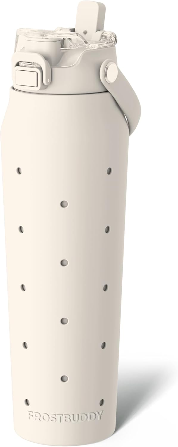 Frost Buddy 32 oz Insulated Stainless Steel Water Bottle with Silicone Sleeve - Customizable with Budz Charms | Straw & Chug Lid, Leak-Proof & Cup Holder Friendly