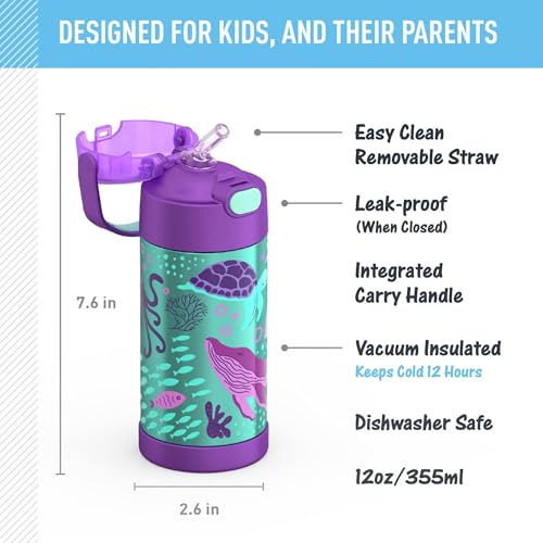 Image of THERMOS FUNTAINER Water Bottle with Straw - 12 Ounce - Kids Stainless Steel Vacuum Insulated Water Bottle with Lid, Ocean Pals