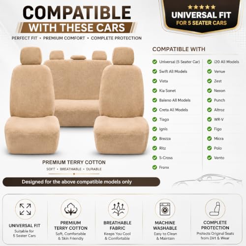 Image of Royal Bharmal Universal Fit Car Seat Cover Towel Set for 5 Seater Cars | 8 Piece Premium Terry Cotton Washable Seat Covers | Breathable Sweat Absorbent Seat Protectors (Beige)