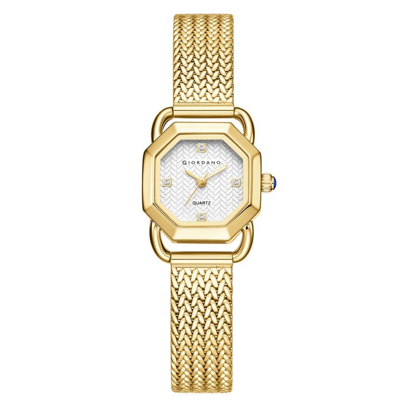 Giordano Analog Quartz Watch for Women with Octagonal Textured Dial, Crystal Hours Markers, Blue Crown and Mesh Metal Strap - GZ-60169-44