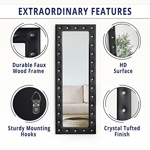 Crystal Tufted Full Length Mirror For Home, 63"Lx22"W Hanging Or Leaning Vanity Mirror, Full Body Mirror For Bedroom, Large Mirror With Faux Wood Frame, Wall Mirror/Floor Mirror For Living Room- Black #TOP4