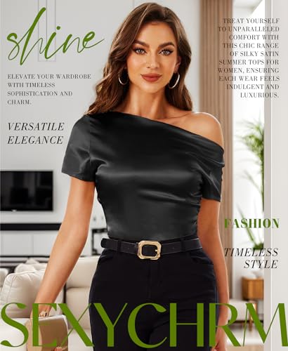Silk Satin Tops for Women - Off The Shoulder Blouse Dressy Casual Short Sleeve Ruched Elegant Tunic Shirts2