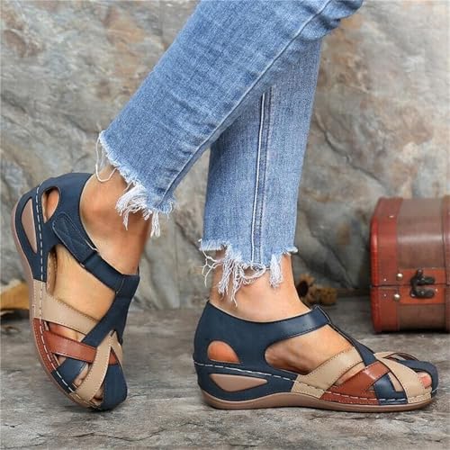 Womens Leather Sandals Bohemia Vintage Closed Toe Wedge Shoes Hollow Out Cross Orthopedic Sandals Breathable Outdoor Shoes3