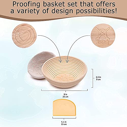 9 In Bread Proofing Basket Set With 4 Removable Design Inserts, Dough Scraper, Cloth Liner & Storage Bag For Wooden Designs - Gift For Bread Bakers By Artizanka #TOP6