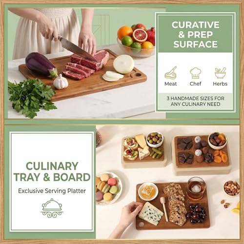 Juego de 3 Tablas de Cortar de Bambú con Ranuras para Jugos, Mangos Integrados y Alfombrillas Antideslizantes, Tablas Reversibles de Madera para Preparación de Alimentos en la Cocina: Carne, Verduras, Frutas, Pan y Queso miniatura 6