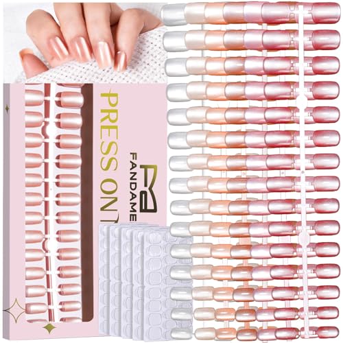 FANDAMEI Press on Nails Cat Eye 6 Colors Short Press on Nails Kit Glossy Cat Eye Nails Short for Women Natural Fit Fake Tips for Women Glue on Nails with Glue Adhesive Tabs
