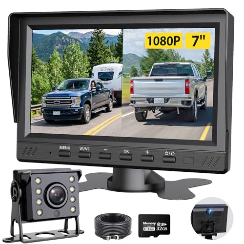 Image of RV Backup Camera System with Front & Rear View Camera, 7'' Split Screen for RV Truck Trailer Camper, 1080P HD DVR Loop Recording, Plug & Play, Night Vision, IP69 Waterproof, Wide Angle, 32GB SD Card