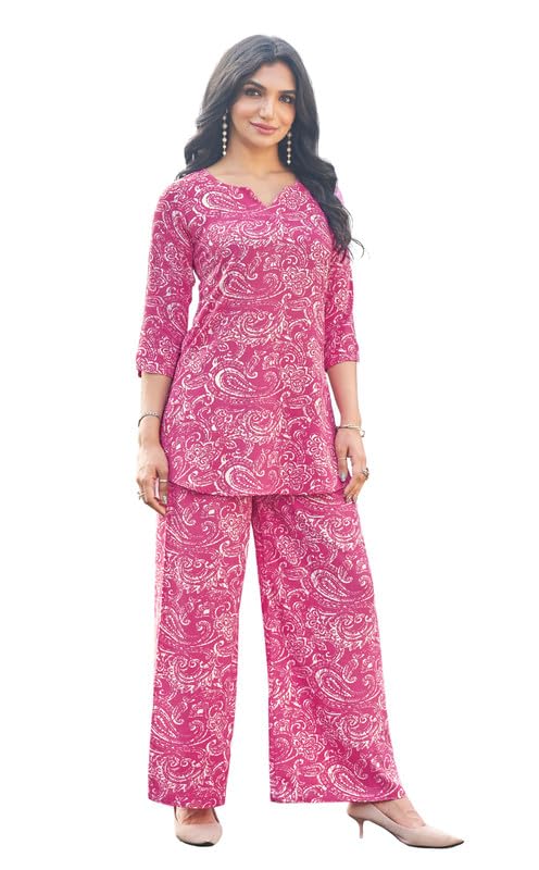 ODD BY chansi TRENDZ Women’s Traditional Pink Rayon Co-Ord Set | V Neck 3/4 Sleeve Ethnic Co-Ord Set | Short Kurti with Palazoo for Casual