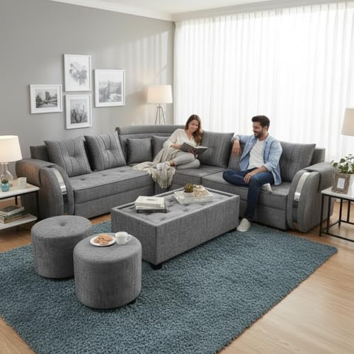 Image of APRODZ Solid Wood 6 Seater Sofa Set Velvet Fabric Sectional L Shaped Sofa with Center Table & Ottomans Corner Sofa for Home Office Guests Living Room Cushioned Seating for Home & Lounge Use (Grey)