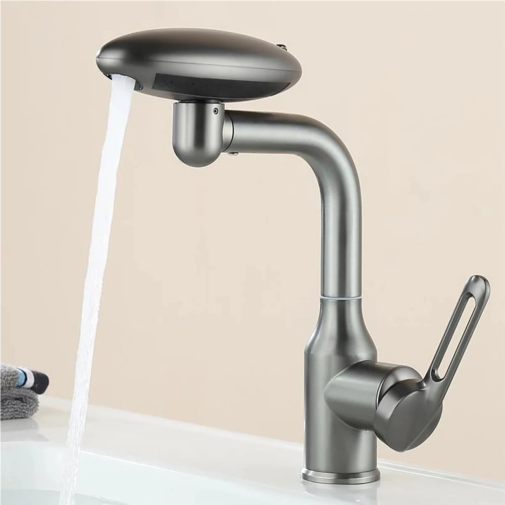 QHQQXN Obrotowy kran wodospadowy 360° z 4 trybami strumienia – bateria mieszająca ciepłą i zimną wodę do zlewu w łazience, eleganckie ciemnoszare wykończenie, wielofunkcyjny do nowoczesnych domów