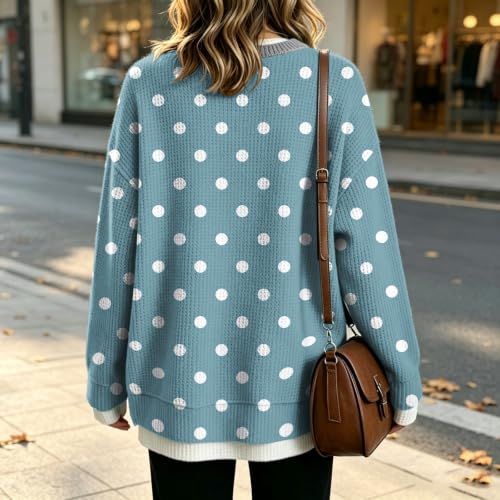 Waffle Knit Crew Neck Sweatshirts Women Oversized Polka Dot Layered Tops - image 6