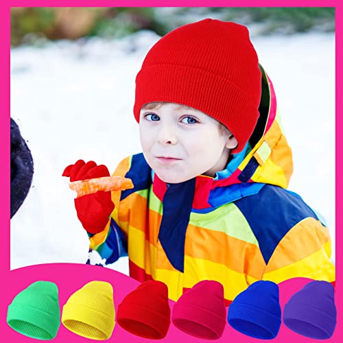 Handepo 12 Pieces Beanies Gloves Set 6 Pieces Warm Beanie Hats 6 Pairs Knit Thermal Gloves Unisex Winter Gloves for Boys Girls Kids Cold Weather4
