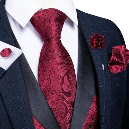 Image of DiBanGu Mens Paisley Suit Vest Silk Jacquard Waistcoat and Necktie Set Formal Shawl Collar Dress Vest 7PCS for Wedding Party