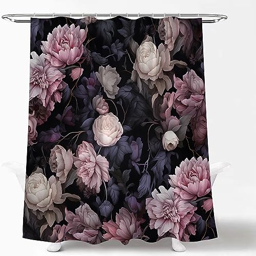 LAEDCIITI Duschvorhang, Vintage, Blumenmuster, Boho, Retro, Blätter, Aquarell, Blume, rustikale Pfingstrose, ästhetische Pflanze, botanischer Stoff, Badvorhang mit Haken