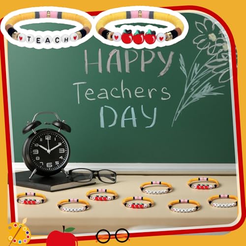 Image of Tondiamo Back to School Gift Bulk for Teacher Apple Pencils Bracelets Graduation Party Favor End of Year Gift Clay Beaded Bracelets for Teachers Thank You Gifts