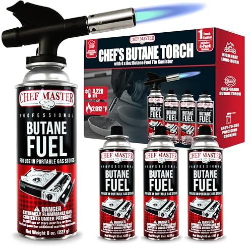 Butane Torch Lighter Combo w/ 4 x 8 oz. Butane Fuel by Chef Master, Refillable Kitchen Cooking Torch for Brulee, Dessert, Baking, Cafe, Hotel & Restaurant, Home Necessities & Kitchen Essentials -90014