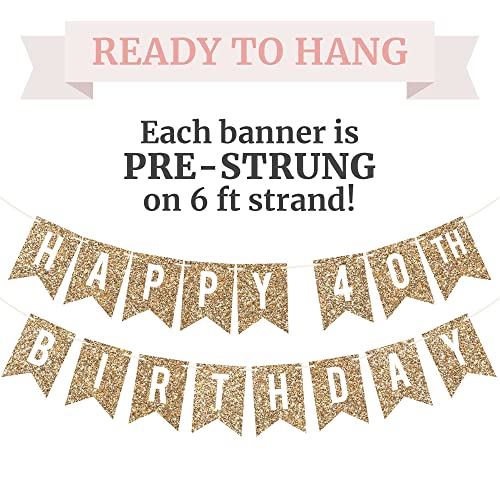Image of Pre-Strung Happy 40th Birthday Banner - Gold Glitter Birthday Banner | No DIY - Gold Glitter 40th Party Decorations - Pre-Strung on 6 ft Strands - Bday Party Decorations & Decor