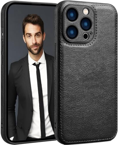 SOUTEM Custodia in Pelle per iPhone 15 Pro,Custodia Protettiva per Cornice Fotocamera di Lusso in Pelle PU Vintage Classica,Cover Antiurto Antiscivolo Antigraffio per iPhone 15 Pro(Nero)
