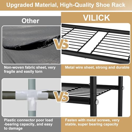 Image of VILICK 4-Tier Shoe Rack 33 inch Wide Metal Shoe Organizer Long Shoe Storage with 4 Side Hooks Sturdy Shoes Shelf for Closet, Front Door Entrance, Garage, Dorm, Black