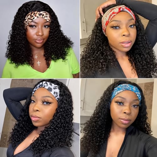 Image of Punmasa Deep Wave Headband Wig Human Hair 16 Inches Glueless None Lace Front Wigs Machine Made 150% Density Natural Color Human Hair Wigs for Women
