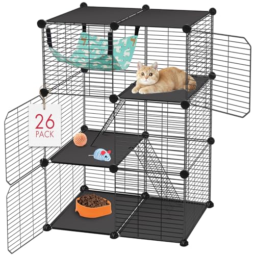 VISCOO Cat Cage, 3-Tier DIY Catio Cat Enclosures, 24' x 16' x 36' Cat Playpen Indoor & Outdoor with Hammock, Detachable Metal Wire Kennel Cats Crate, 2x1x3 Exercise Place for 1-2 Kitten