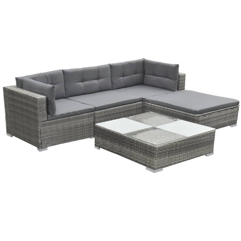 Juego de muebles de jardín modulares de ratán gris de 5 piezas, con sofás, mesa de café y taburetes para terraza y jardín, incluye cojines de asiento y respaldo