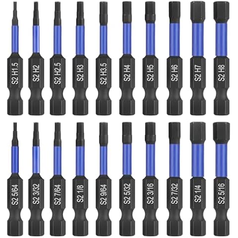 HPHOPE Impact Hex Head Allen Wrench Drill Bit Set 20 Pcs - Metric&SAE, S2 Steel Hex Bits Set, 1/4” Hex Shank with Magnetism, 50mm Long with Storage Box. Cover
