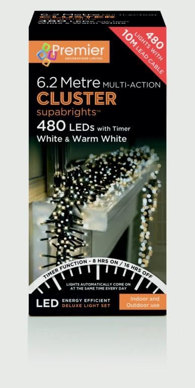 Premier Decorations 480 Multi Action Indoor & Outdoor Christmas Cluster LED Lights with Timer - Warm White & White