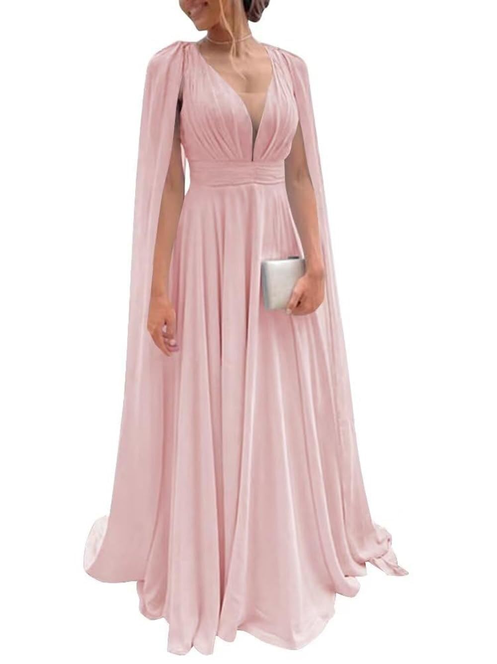 Chiffon Bridesmaid Dress for Women Cape Sleeve V-Neck Formal Evening Gowns with Pocket LBC020