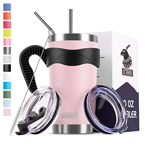 Koodee 20 oz Stainless Steel Tumbler Insulated Coffee Travel Mug wiht 2 lids 2 Straws Brush Handle 20 oz pink