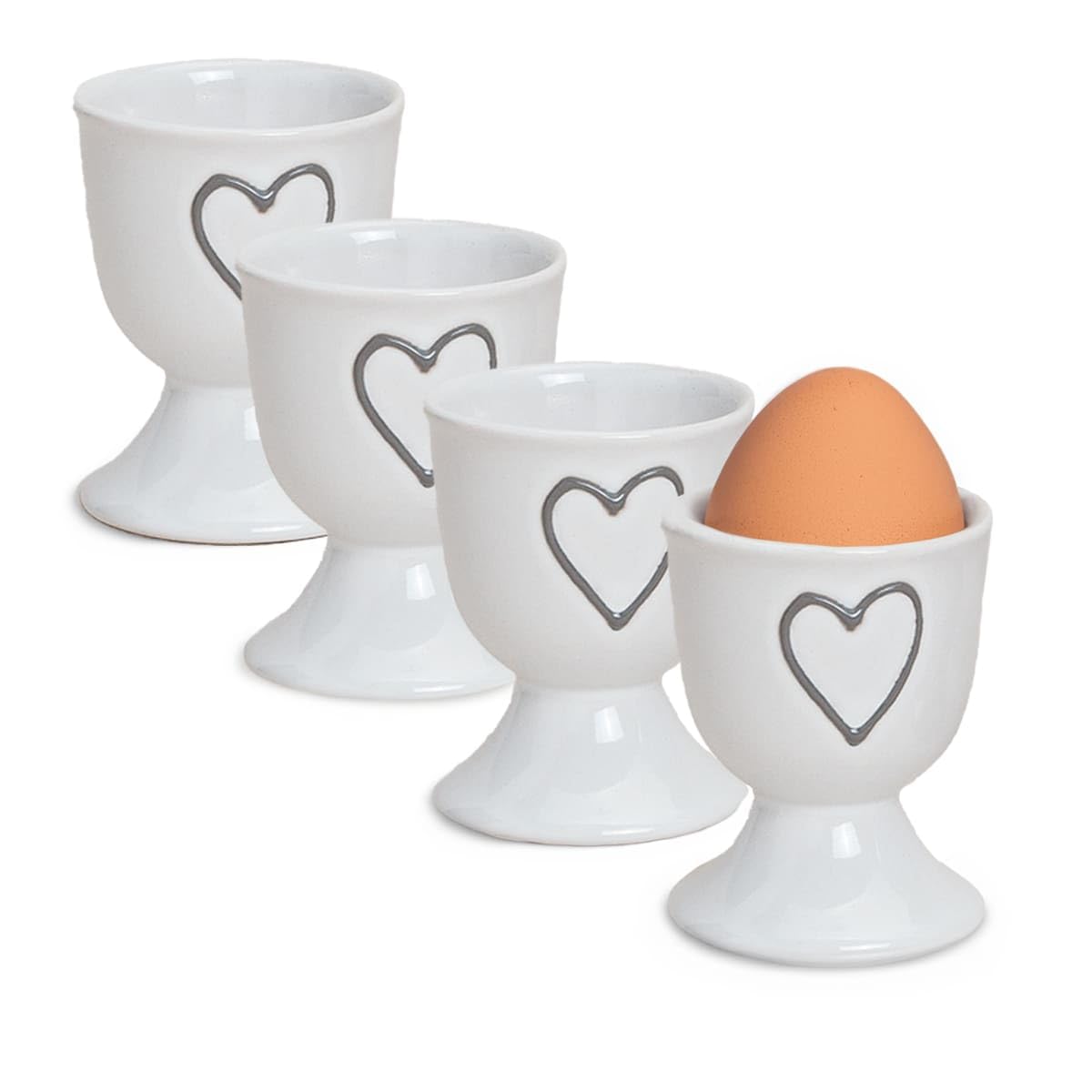 Bunte Landhaus-Stil Eierbecher 4er Set weiß - Runde Keramik Frühstücks-Eier Herzen Untersetzer