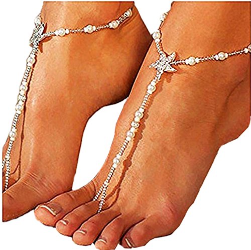 Preisvergleich Produktbild GUT 2Pcs elastische Perlen Fußkettchen Hochzeit Strand Fußkettchen Seestern barfuss Sandalen Knöchel-Ketten mit Zehenring