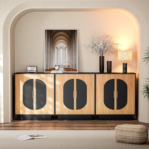 Image of 87 inch Fluted Modular Buffet Cabinet with Arched Doors & Gold Handles, Mid Century Modern Sideboard Credenza Storage with Adjustable Shelves, Wood Coffee Bar Console Table for Dining Living Room