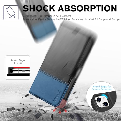 Image of TUCCH Wallet Case for iPhone 13 (6.1 inch), 3 Card Holders, Black & Light Blue | RFID Blocking, Viewing Stand, Shockproof TPU Shell, PU Leather, Magnetic Closure, Protective Folio Flip Cover