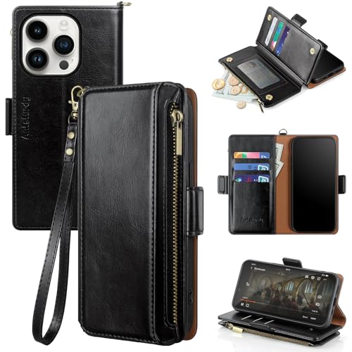 Antsturdy DKK-IP 16 PRO-QG-01 Compatible With Iphone 16 Pro Wallet Case,Rfid Blocking Pu Leather Phone Case Women Men Kickstand Flip Cover Wrist Strap Zipper Credit Card Holder Slots cover